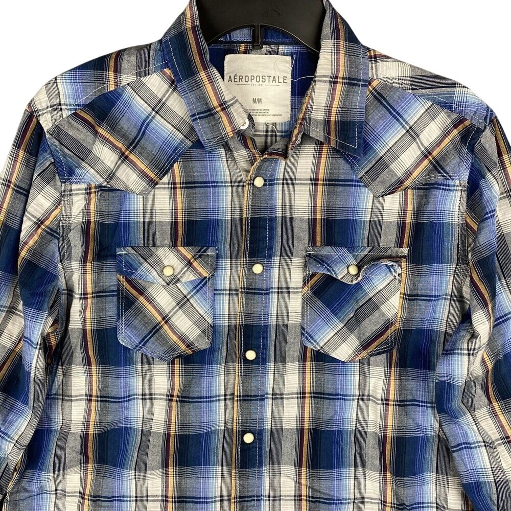 Aeropostale Western Pearl Snaps Shirt‎ Mens Medium Plaid Rodeo Cowboy Farm Chore